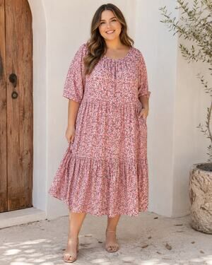 Ellos Pink Ditsy Floral Tiered Midi Dress Womens 18/20 Cottage Prairie Casual